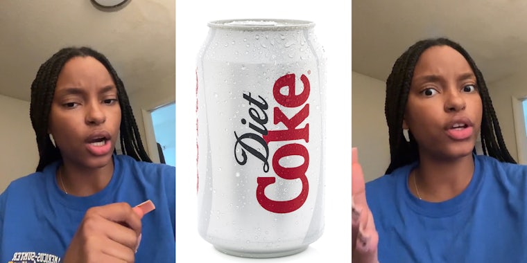 woman speaking (l) can of Diet Coke in front of white background (c) woman speaking (r)