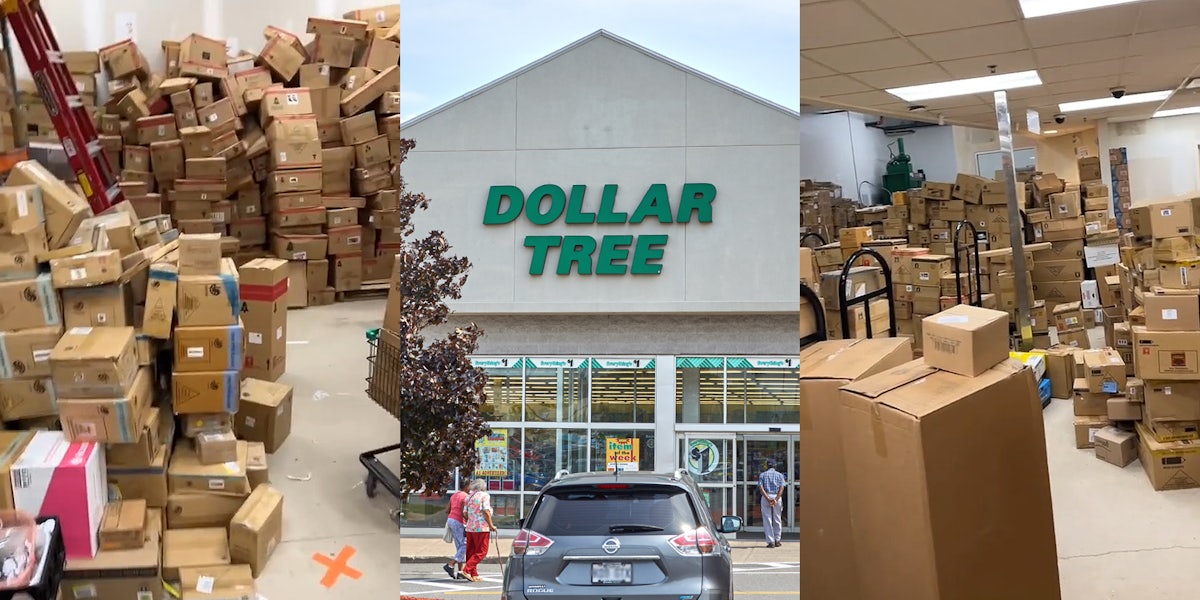 Dollar Tree interior with boxes stacked high (l) Dollar Tree building with sign (c) Dollar Tree interior with boxes everywhere (r)