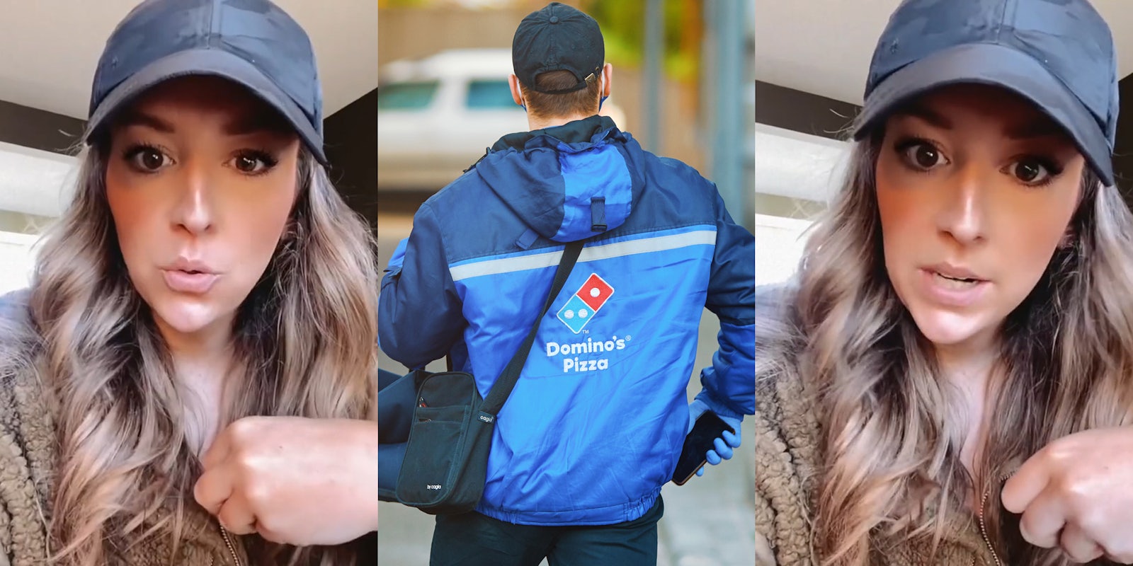 woman speaking (l) Dominos delivery driver walking (c) woman speaking (r)
