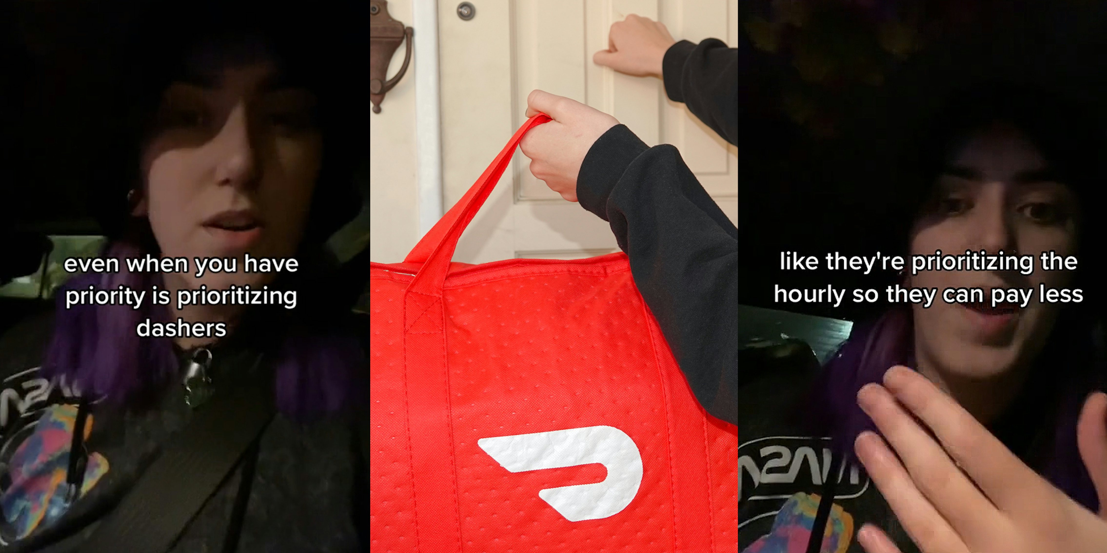 DoorDasher speaking in car caption 'even when you have priority is prioritizing dashers' (l) DoorDash employee knocking on door with delivery bag in hand (c) DoorDasher speaking in car caption 'like they're prioritizing the hourly so they can pay less' (r)