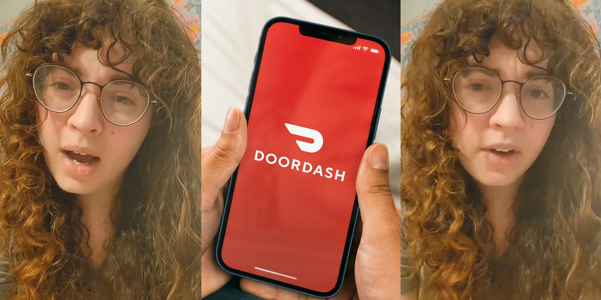 person speaking (l) hands holding DoorDash open on phone in front of white and gray background (c) person speaking (r)