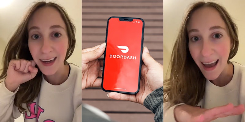 woman speaking with hand on cheek (l) woman holding phone with DoorDash on screen (c) woman speaking with hand out (r)