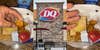 Man holding Dairy Queen rotisserie chicken bite (l) Dairy Queen building with sign (c) man hand open above container of Dairy Queen rotisserie chicken bites (r)