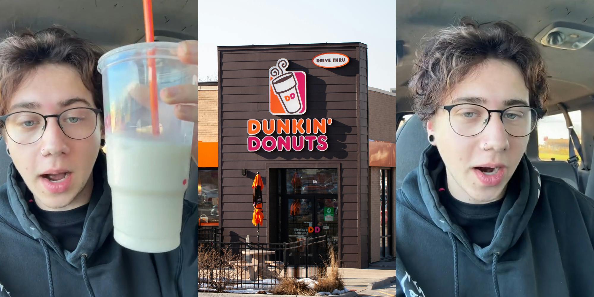 Person speaking in car holding up Dunkin' iced chai latte (l) Dunkin' Donuts sign on building (c) person speaking in car (r)
