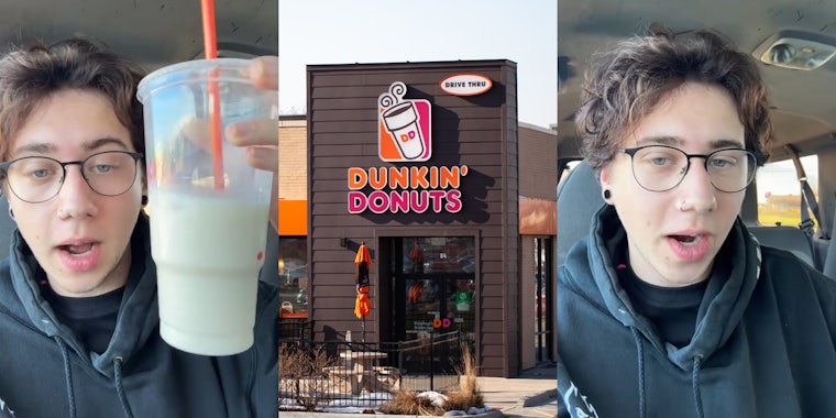 Person speaking in car holding up Dunkin' iced chai latte (l) Dunkin' Donuts sign on building (c) person speaking in car (r)