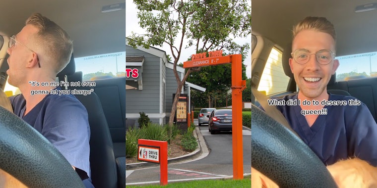 Man in car speaking to Dunkin' drive thru worker caption ''it's on me I'm not even gonna let you charge'' (l) Dunkin' drive thru (c) Man in car speaking at Dunkin' drive thru caption 'What did I do to deserve this queen!!!' (r)