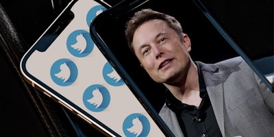 phones stacked in car, one with Twitter bird logo background on screen, the other with Elon Musk photo on screen