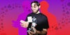 Evan the card guy holding cards on purple to red gradient background Passionfruit Remix