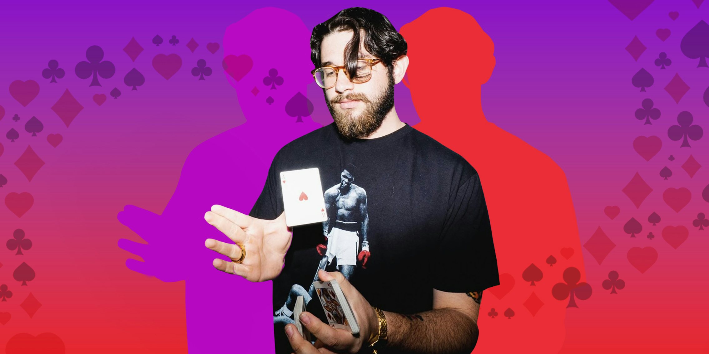 Evan the card guy holding cards on purple to red gradient background Passionfruit Remix