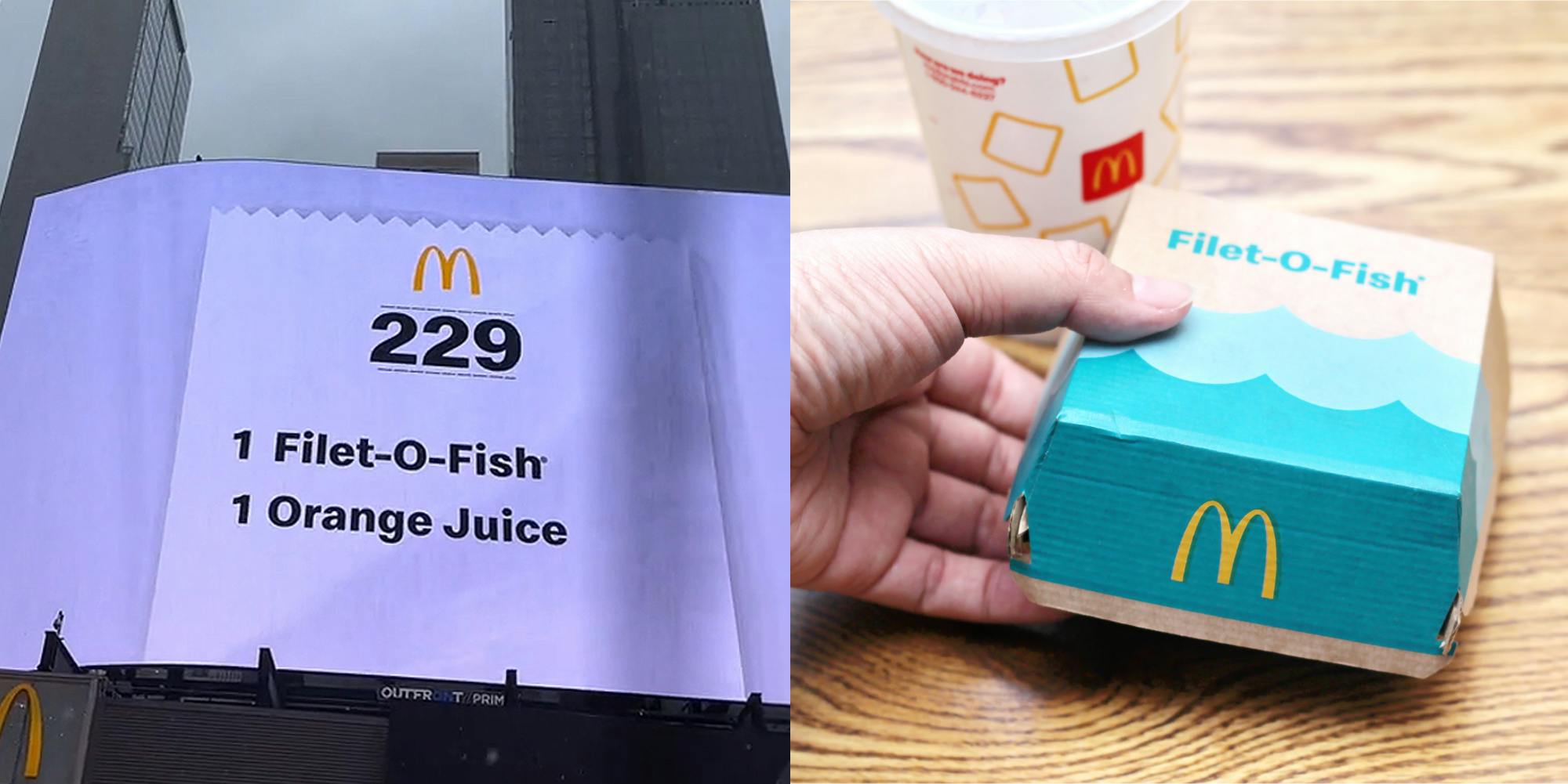 McDonald's order displayed on large outdoor screen "1 Filet-O-Fish 1 Orange Juice" (l) hand holding McDonald's Filet-O-Fish with drink next to it on wooden surface (r)