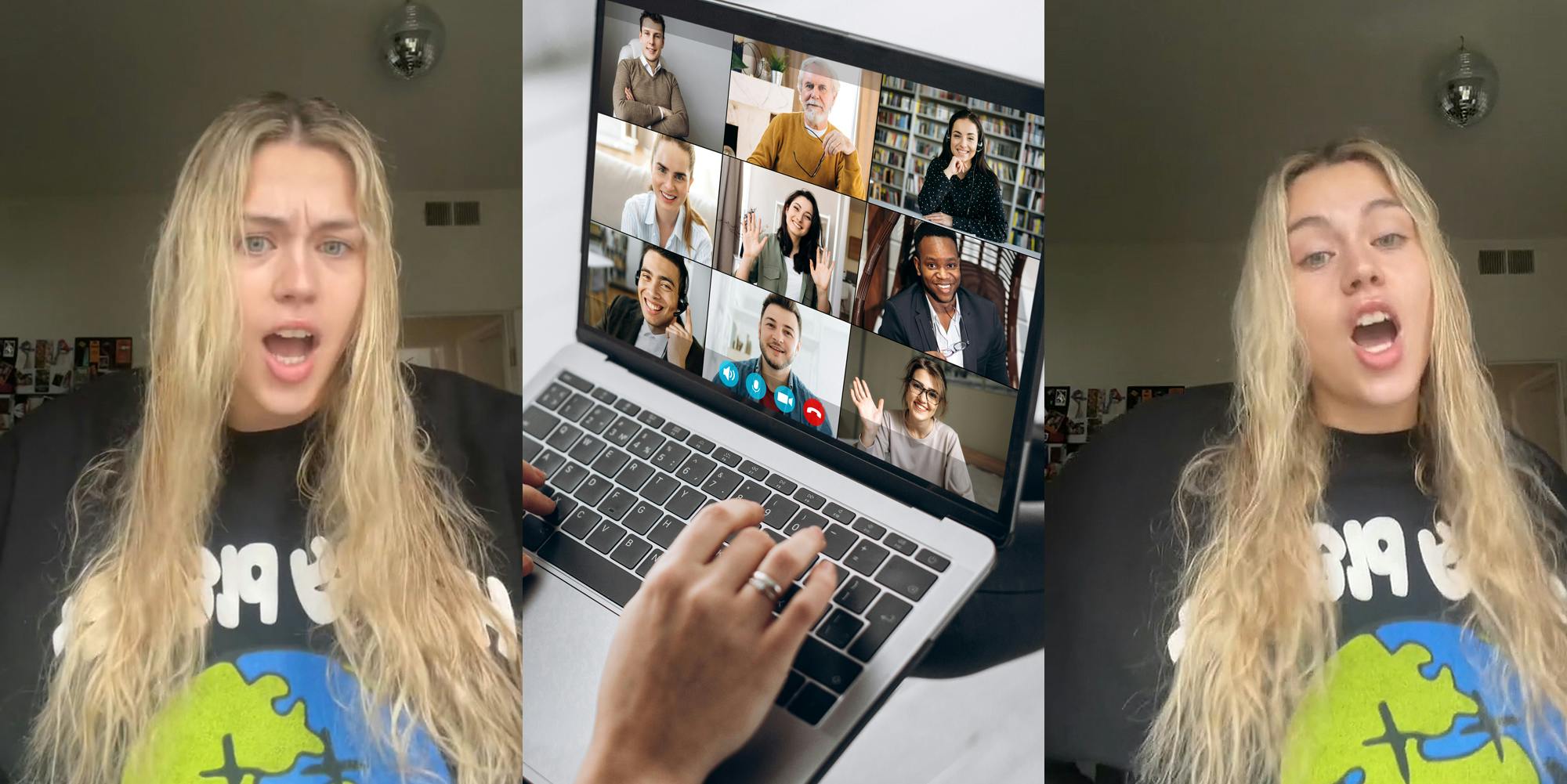 woman speaking (l) woman on Zoom call on laptop (c) woman speaking (r)