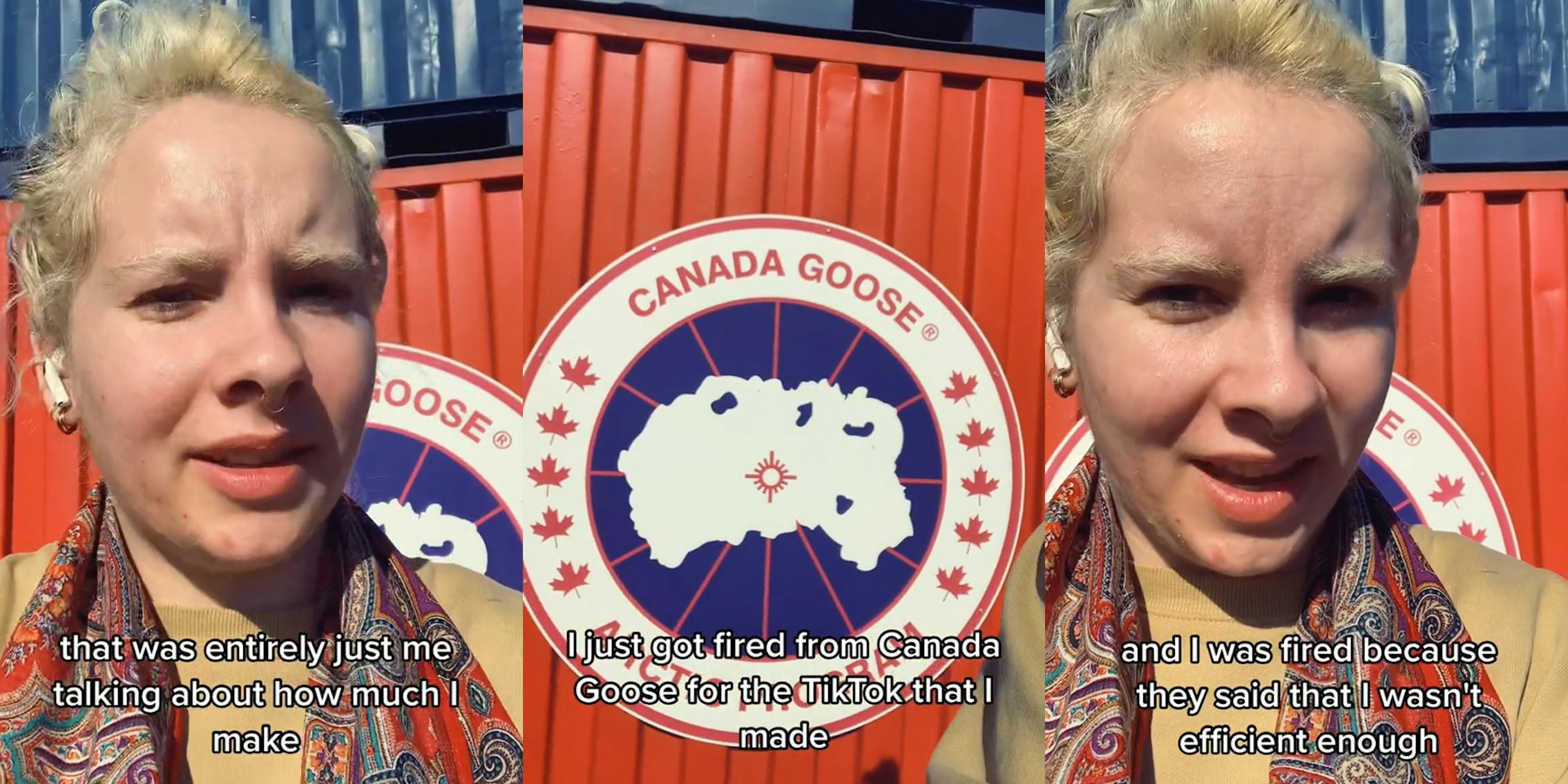 Canada Goose employee speaking caption 'that was entirely just me talking about how much I make' (l) Canada Goose logo on shipping container caption 'I just got fired from Canada Goose for the TikTok that I made' (c) Canada Goose employee speaking caption 'and I was fired because they said that I wasn't efficient enough' (r)