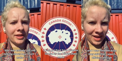 Canada Goose employee speaking caption 'that was entirely just me talking about how much I make' (l) Canada Goose logo on shipping container caption 'I just got fired from Canada Goose for the TikTok that I made' (c) Canada Goose employee speaking caption 'and I was fired because they said that I wasn't efficient enough' (r)
