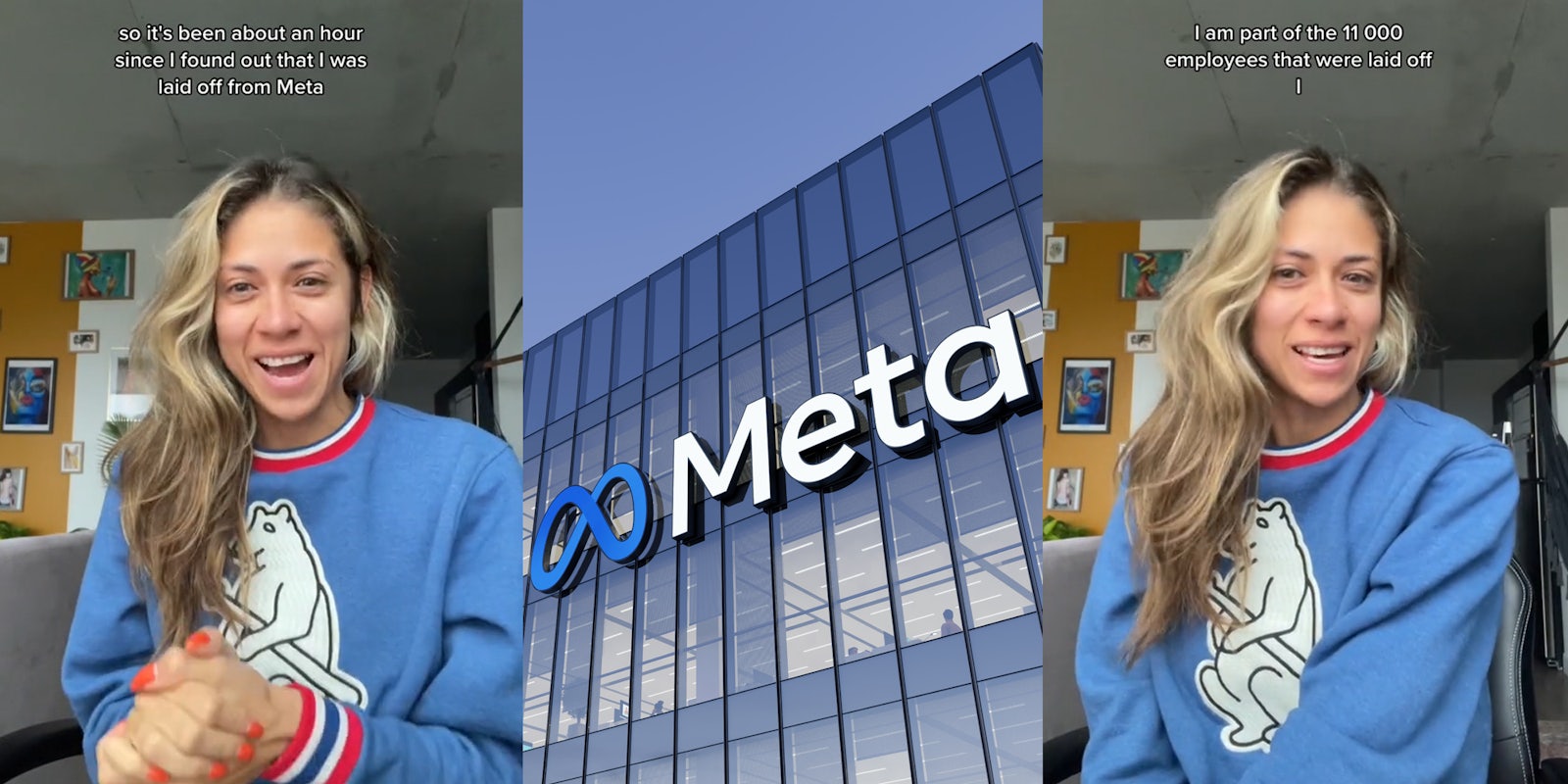 Ex Meta employee speaking caption 'so it's been about an hour since I found out that I was laid off from Meta' (l) Meta logo on corporate building (c) Ex Meta employee speaking caption 'I am part of the 11 000 employees that were laid off' (r)