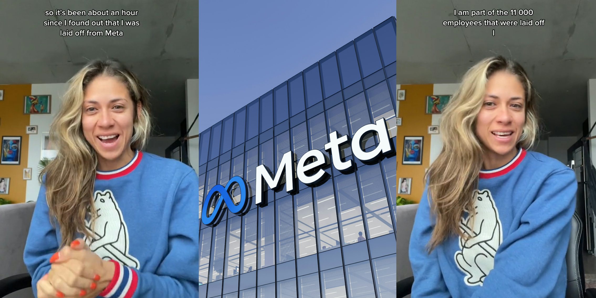 Ex Meta employee speaking caption 'so it's been about an hour since I found out that I was laid off from Meta' (l) Meta logo on corporate building (c) Ex Meta employee speaking caption 'I am part of the 11 000 employees that were laid off' (r)
