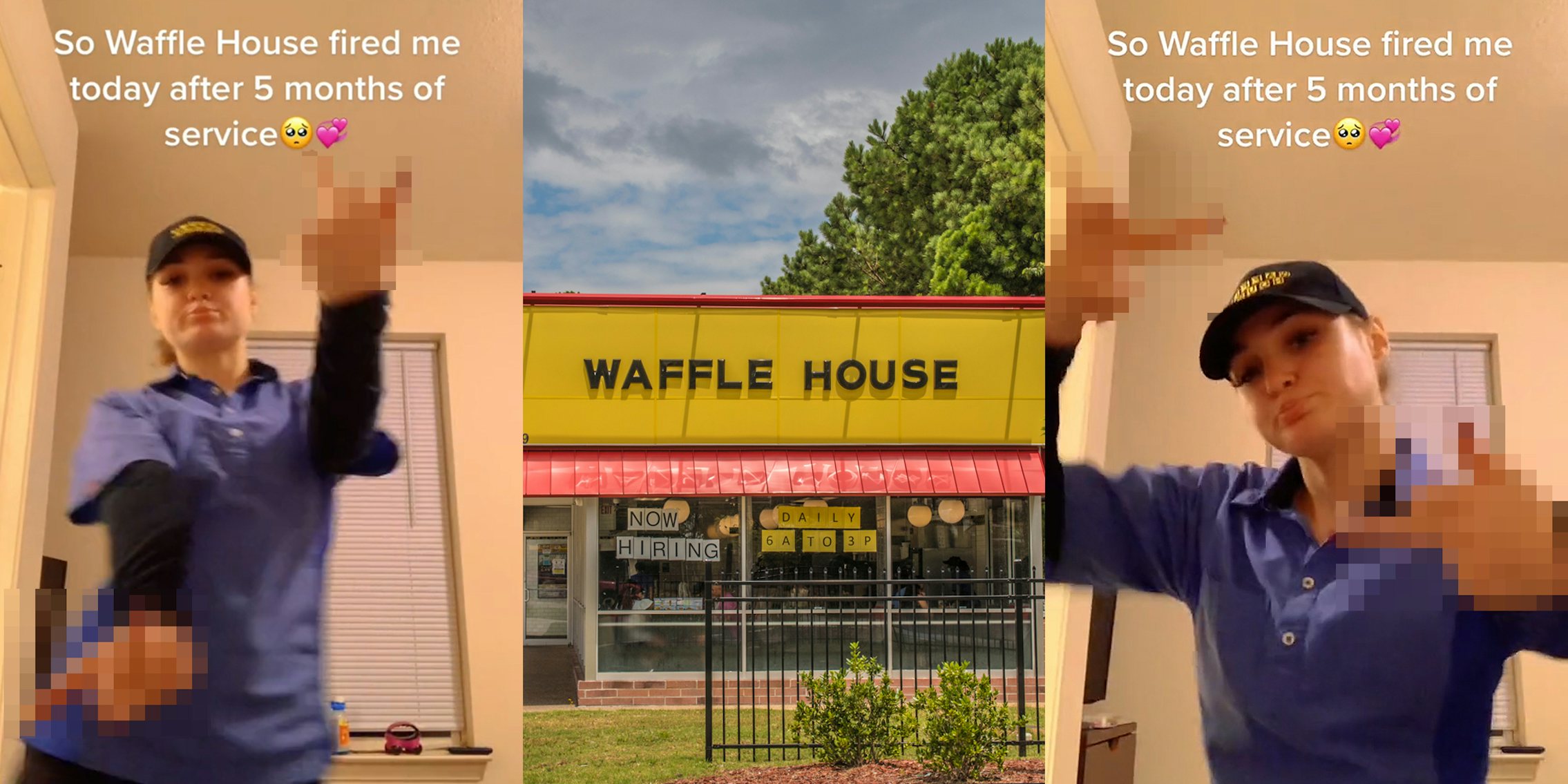 Waffle House employee flipping camera off caption 'So Waffle House fired me today after 5 months of service' (l) Waffle House building with sign (c) Waffle House employee flipping camera off caption 'So Waffle House fired me today after 5 months of service' (r)