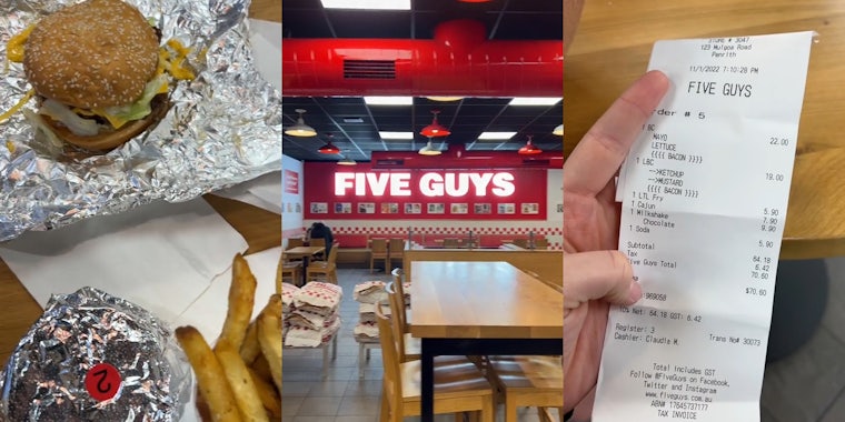 2 meals at Five Guys (l) Five Guys interior with sign (c) man holding Five Guys receipt with total '$70.60' (r)