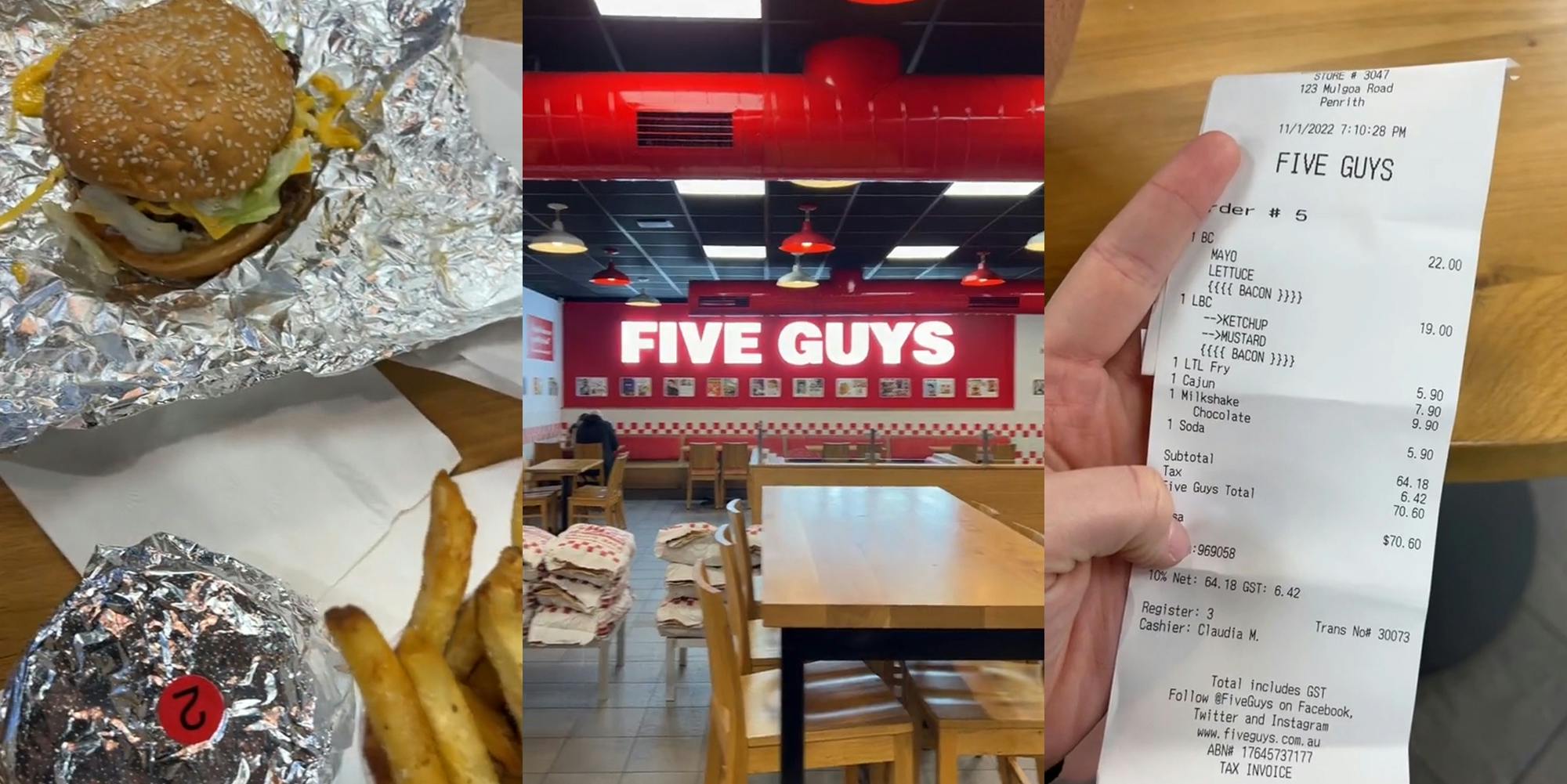 2 meals at Five Guys (l) Five Guys interior with sign (c) man holding Five Guys receipt with total "$70.60" (r)
