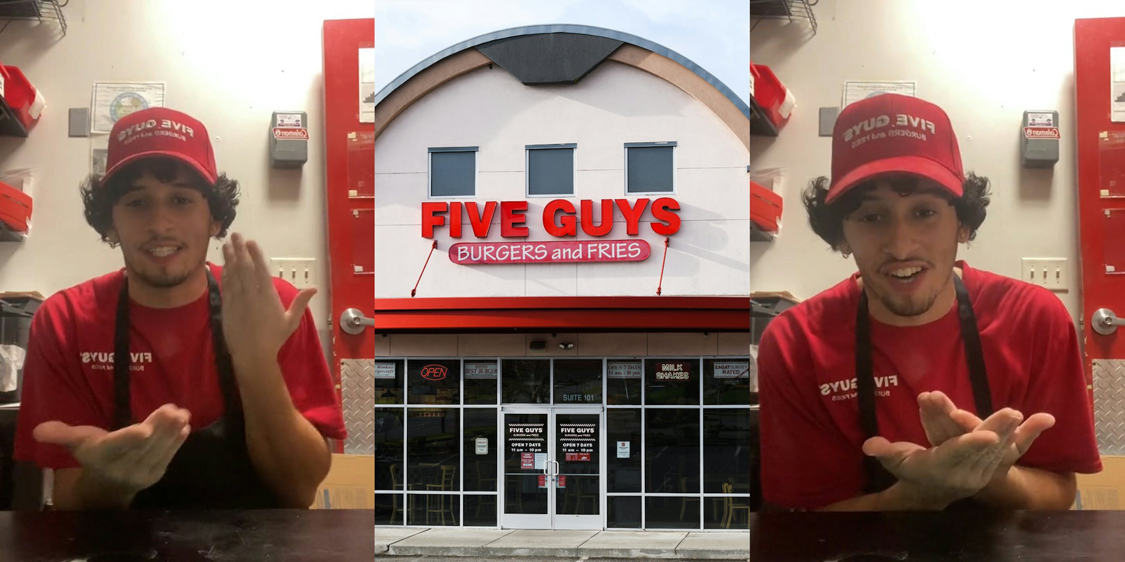 Five Guys employee speaking with hand about to hit other (l) Five Guys restaurant with sign (c) Five Guys employee speaking hand hitting palm of other hand (r)