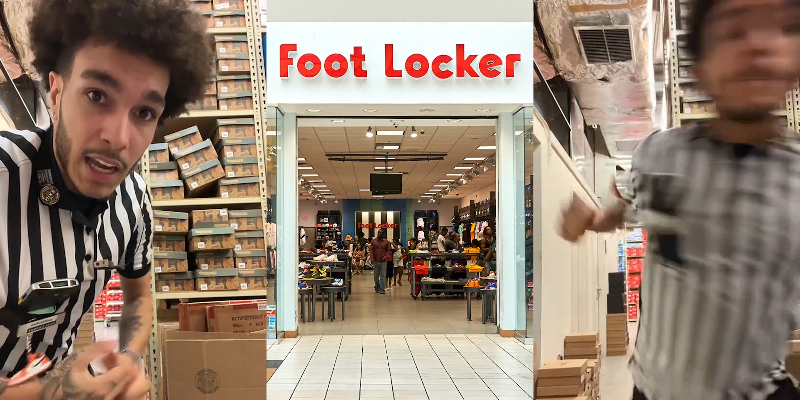 Foot Locker employee speaking (l) Foot Locker store with sign (c) Foot Locker employee punching camera (r)