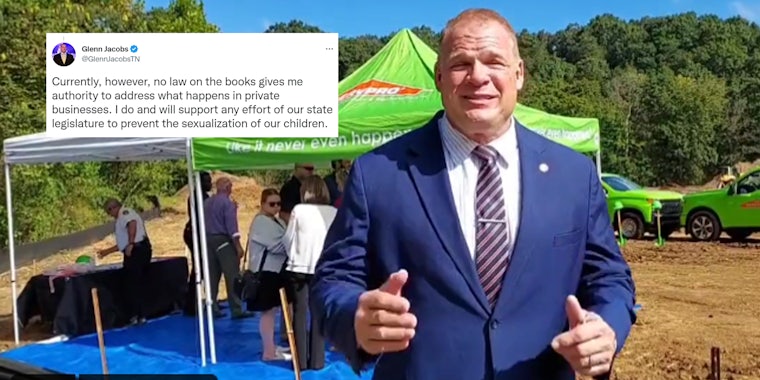 Glenn Jacobs speaking outside with Tweet by him on left caption 'Currently, however, no law on the books gives me authority to address what happens in private businesses. I do and will support any effort to our state legislature to prevent the sexualization of our children.'