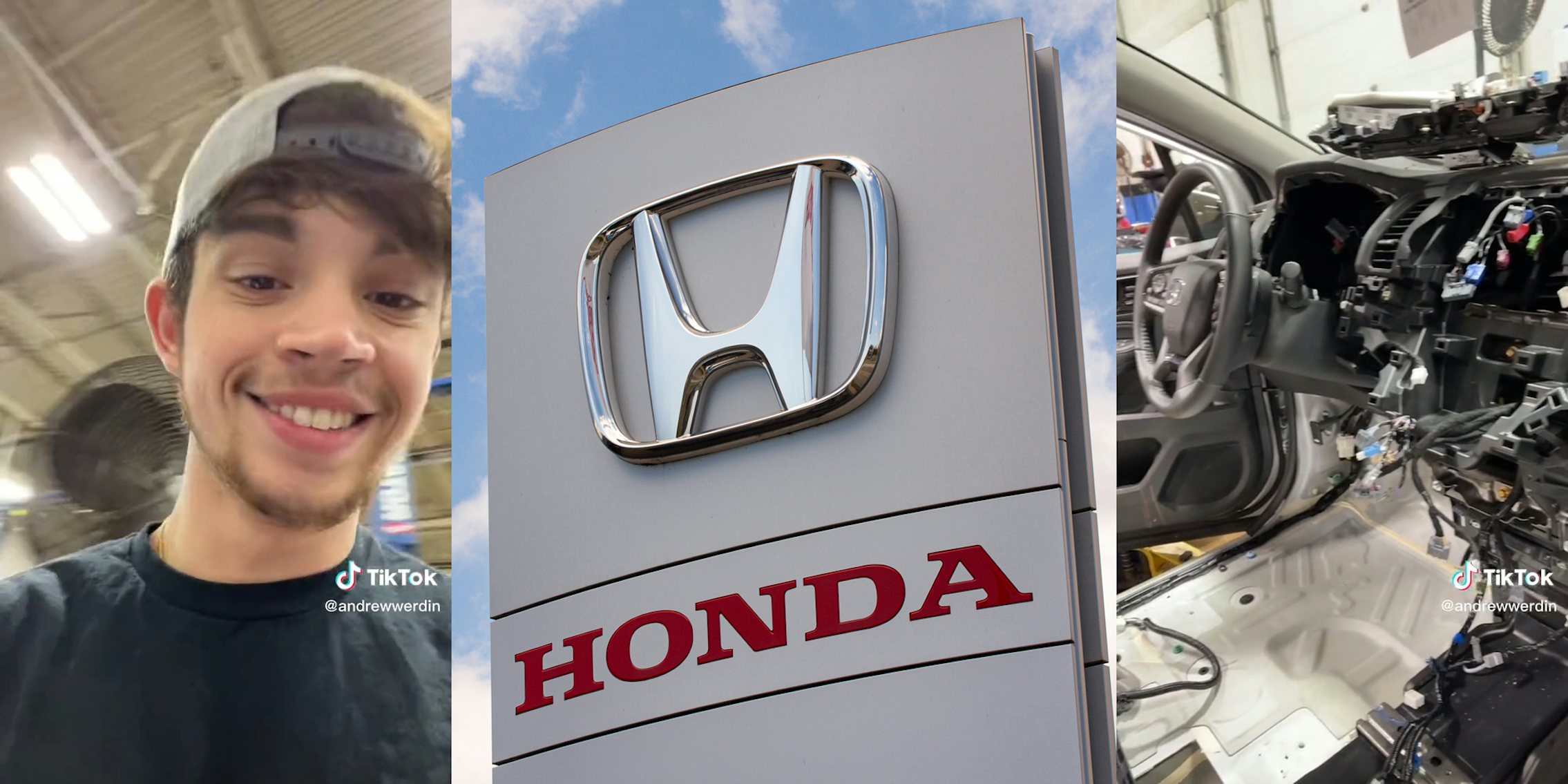 service technician (l) honda logo on sign (c) van with dashboard removed (r)