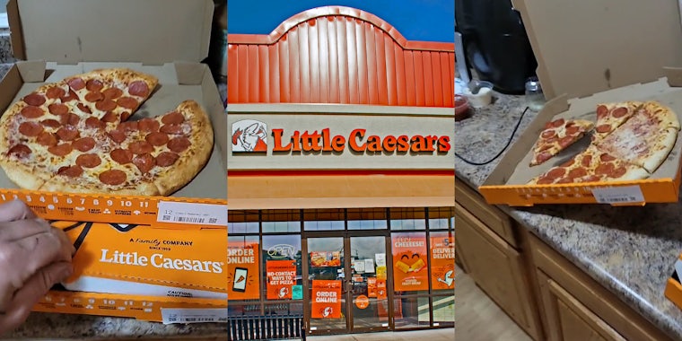 Little Caesars Pizzas on counter top hand is opening box (l) Little Caesars building with sign (c) Little Caesars pizza tipped onto side on counter top (r)
