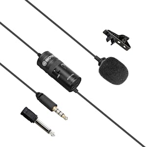 lavalier microphone, lapel clip, control mechanism, minijack and larger adapter.