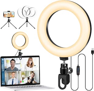 how to start an onlyfans without followers - a composite picture featuring the GerTong ring light, the light attached to a laptop and the tripod stand you can also use as a phone stand.