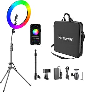 how to start an onlyfans without followers - composite image showing the Neewer ring light with a rainbow glow attached to a tripod as well as its carrying case, accessories, and a smartphone displaying the color selecting app.