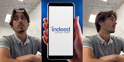 man sitting with arms crossed caption 'When you realize why you got that job so fast on indeed' (l) hand holding phone in front of blue background with indeed on screen (c) man sitting with arms crossed caption 'When you realize why you got that job so fast on indeed' (r)