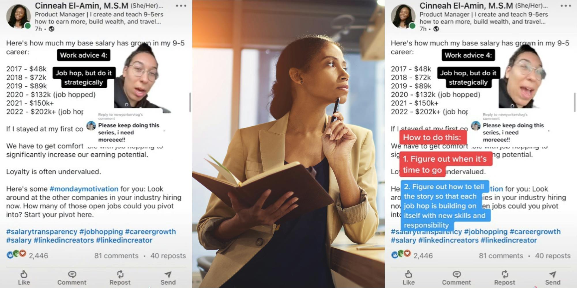 woman shows linkedin post and gives tips on job hopping TikTok