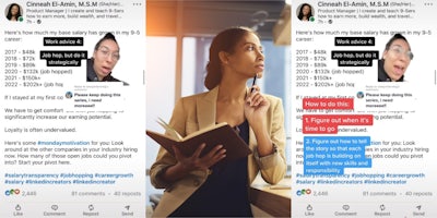 woman shows linkedin post and gives tips on job hopping TikTok