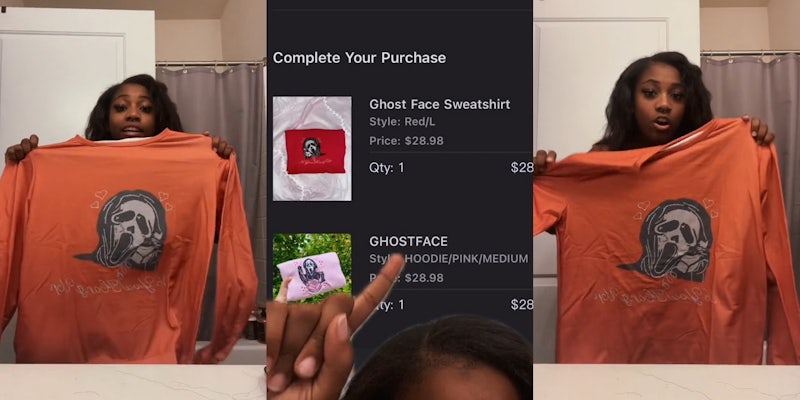 woman holding up sweatshirt in bathroom (l) Woman greenscreen TikTok over JoyceLike checkout pointing to pink GHOSTFACE sweater (c) woman holding up sweatshirt in bathroom (r)