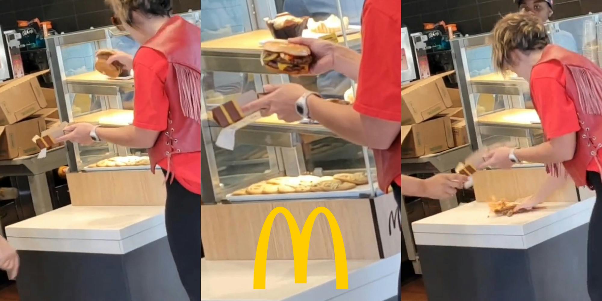 McDonald's customer holding burger up at counter (l) McDonald's customer holding burger with ketchup on it with McDonald's golden arches "m" logo at bottom (c) McDonald's customer slamming burger onto counter (r)