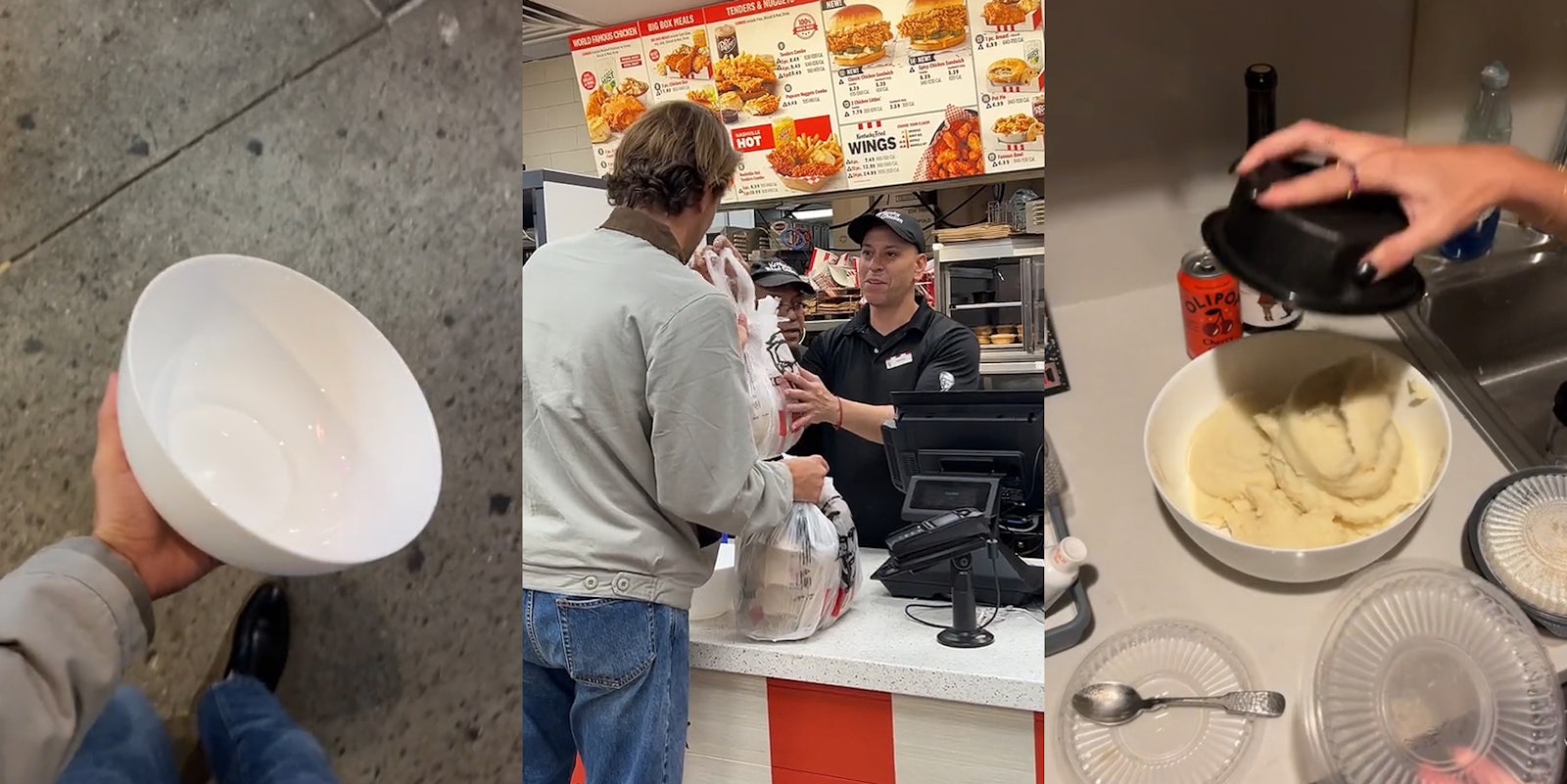 man holding empty white bowl (l) man at KFC counter receiving order from employee (c) woman dumping mashed potatoes from container into bowl (r)