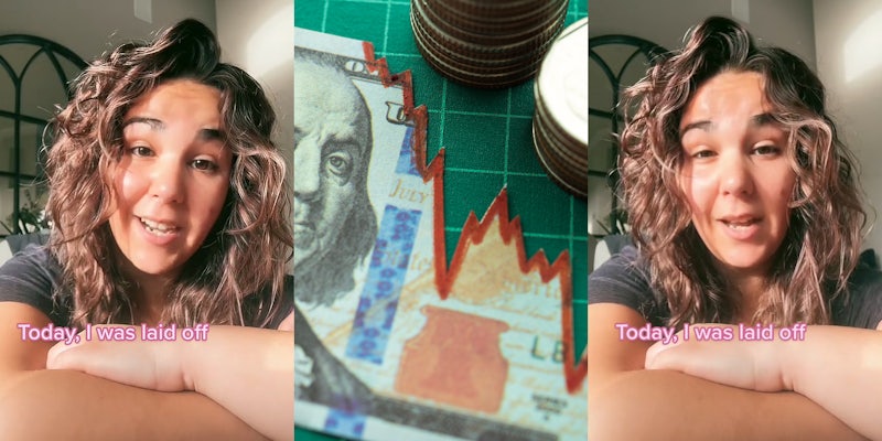 woman speaking with arms crossed caption 'Today, I was laid off' (l) 100 dollar bill with red graph tear on right side with coins on green background recession concept (c) woman speaking with arms crossed caption 'Today, I was laid off' (r)