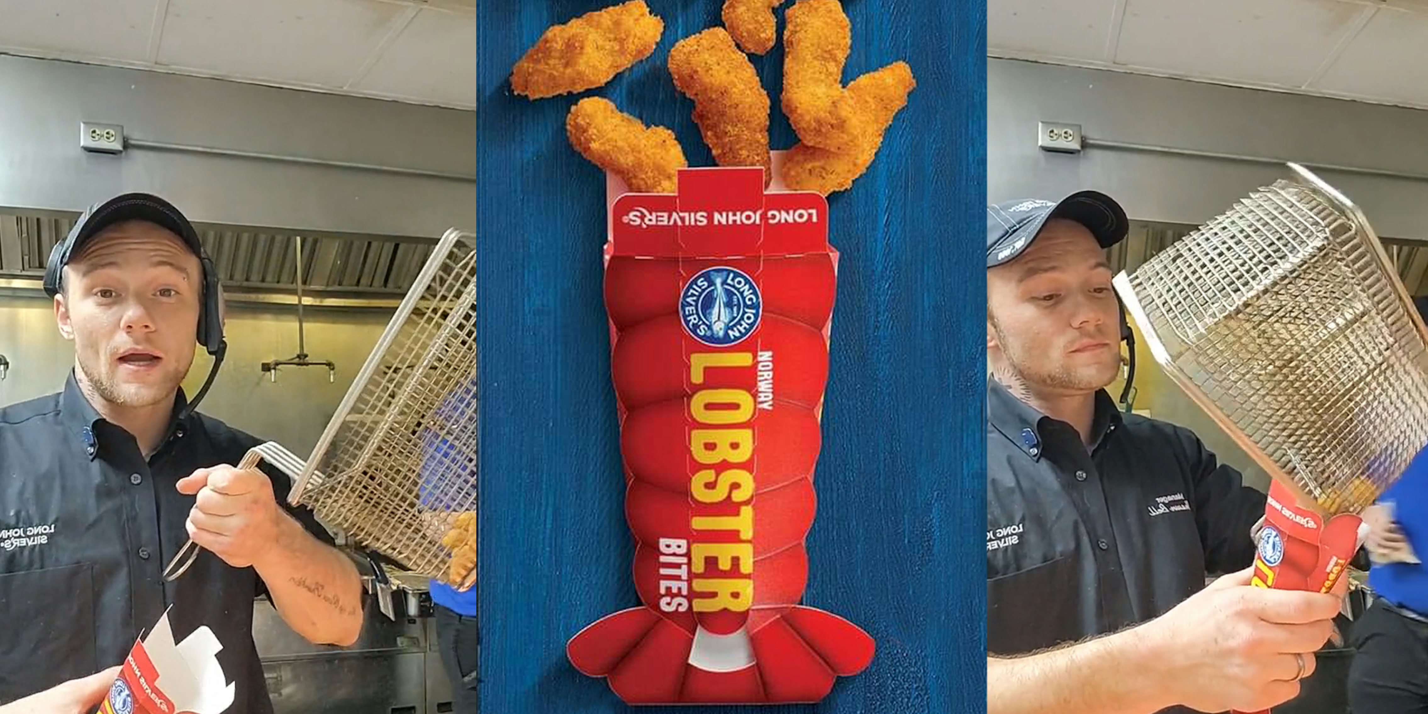 Long John Silver's employee holding frying tray up to package for lobster bites (l) Long John Silver's lobster bites on blue wooden surface (c) Long John Silver's employee dumping frying tray with lobster bites into lobster bites packaging (r)