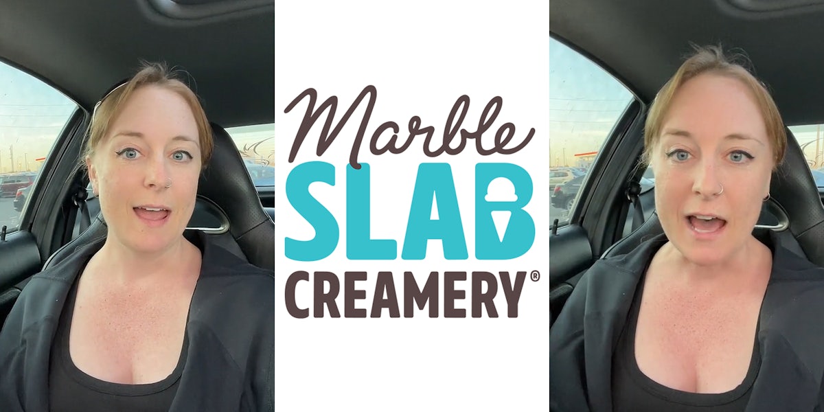 Marble Slab employee speaking in car (l) Marble Slab Creamery logo on white background (c) Marble Slab employee speaking in car (r)