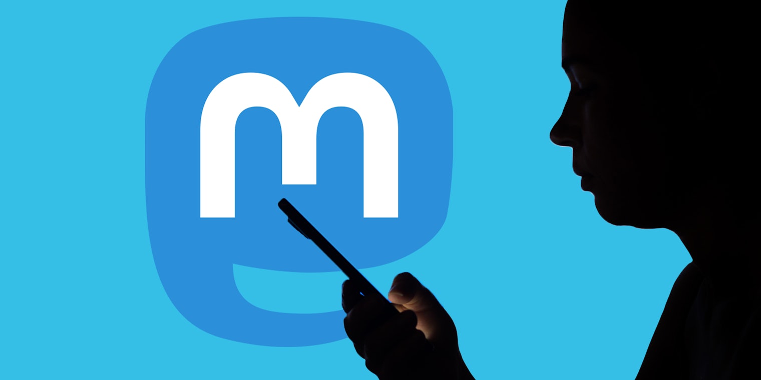 Silhoutte of woman on phone over Mastodon logo on blue background