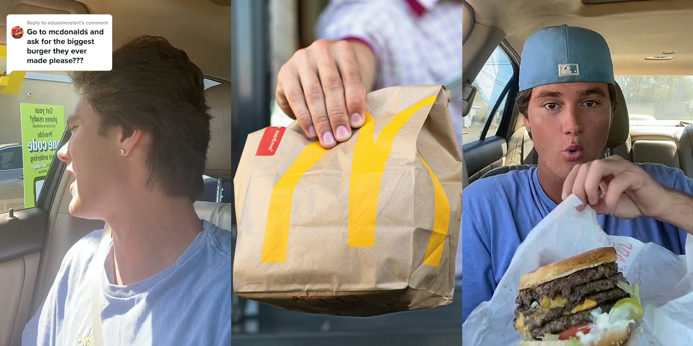 Man speaking to McDonald's employee through order speaker at drive thru caption 'Go to mcdonald's and ask for the biggest burger they ever made please???' (l) McDonald's drive thru window employee handing customer bag (c) Man opening up massive McDonald's burger in car (r)