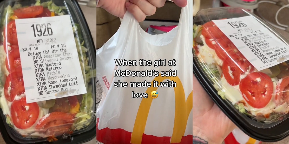 McDonald's Burger Salad in clear container (l) hand holding McDonald's bag caption 'When the girl at McDonald's said she made it with love' (c) McDonald's Burger Salad in clear container (r)
