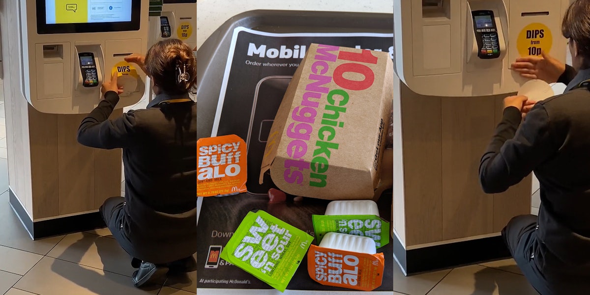 McDonald's employee placing sticker on machine (l) McDonald's 10 piece chicken nuggets with various dips on tray (c) McDonald's worker smoothing down 'DIPS from 10p' sticker onto machine (r)