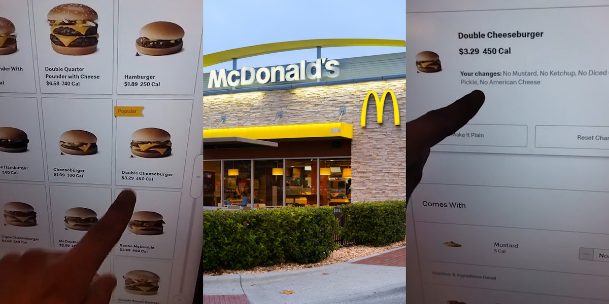 person finger about to press double cheeseburger on McDonald's touch screen order (l)McDonald's building with signs (c) finger pointing to double cheeseburger options on McDonald's touch screen order (r)