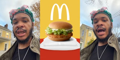 man speaking outside (l) McDonald's logo white with image of McChicken on red yellow and white background (c) man speaking outside (r)