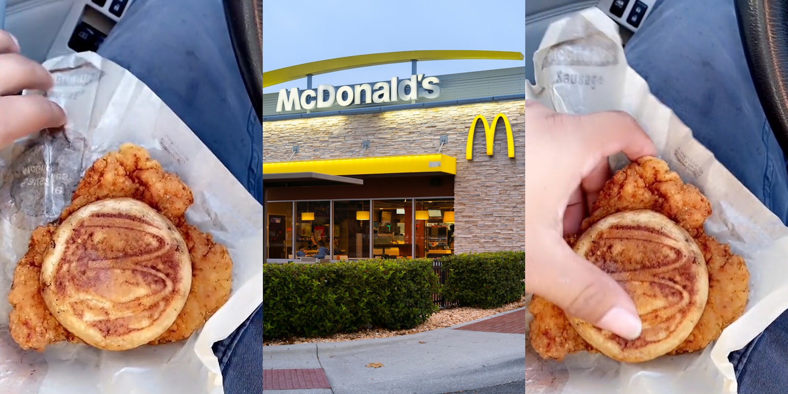 McGriddle with chicken inside on wrapper on person's lap in car (l) McDonald's building with sign (c) hand on McGriddle with chicken inside on wrapper on person's lap in car (r)