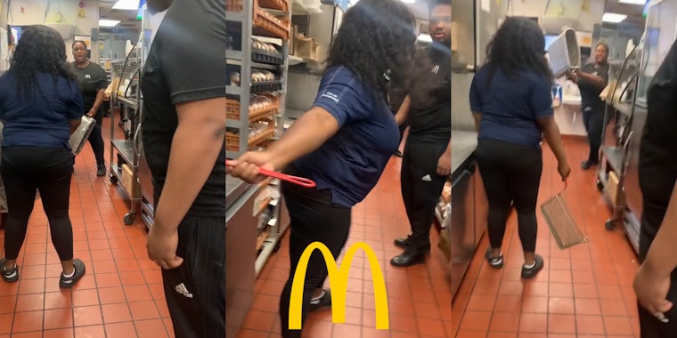 McDonald's workers holding equipment while fighting in kitchen (l) McDonald's worker grabbing equipment while fighting in kitchen with McDonald's golden arches 'm' logo at bottom (c) McDonald's workers holding equipment while fighting in kitchen (r)