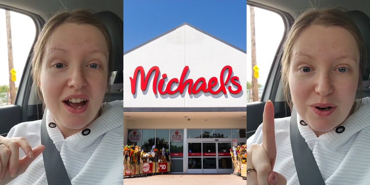 woman speaking in car (l) Michaels store with sign (c) woman speaking in car with finger up (r)