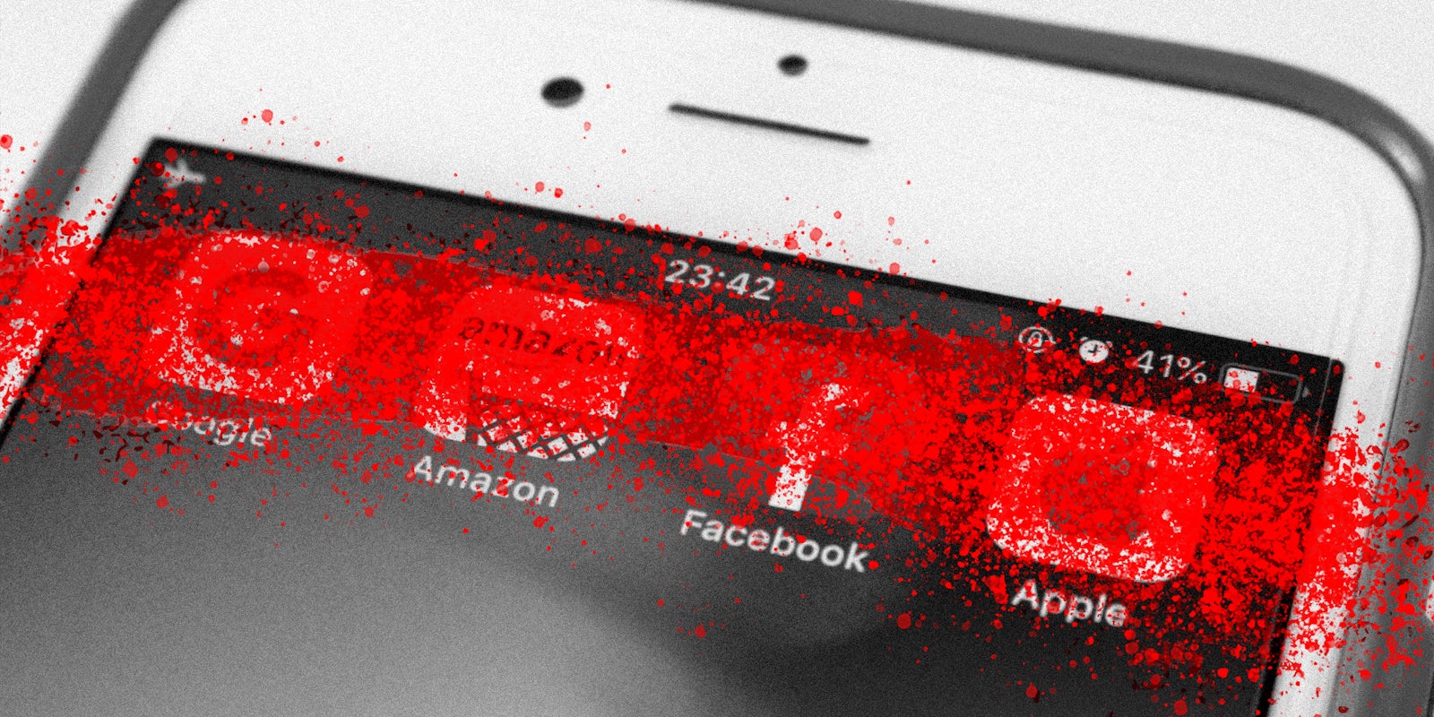 phone screen with Google, Amazon, Facebook, and Apple app icons, red paint splatter