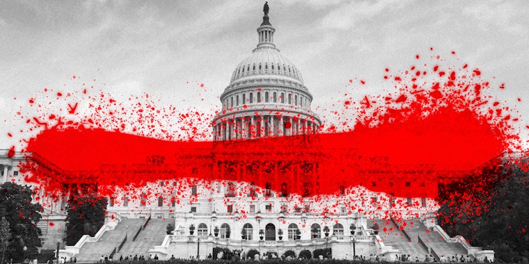 Capitol building with splash of red paint across the image